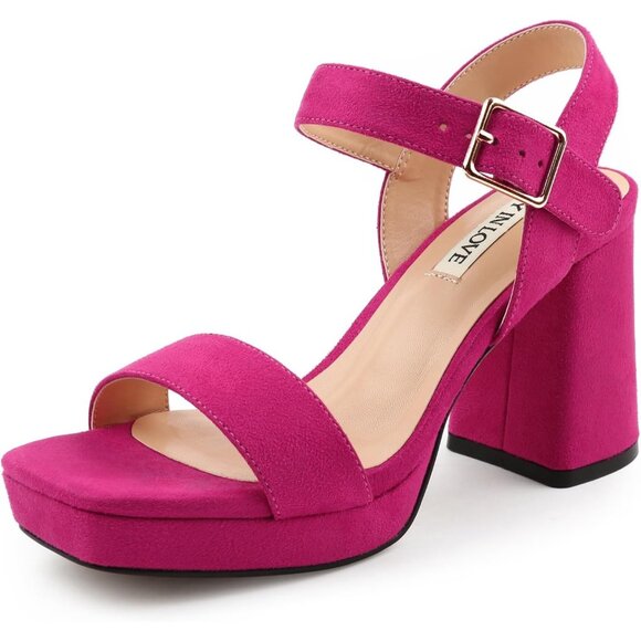 Shoes - Women's Pink Chunky Platform High Heels Ankle Strap Block Heel Sandal